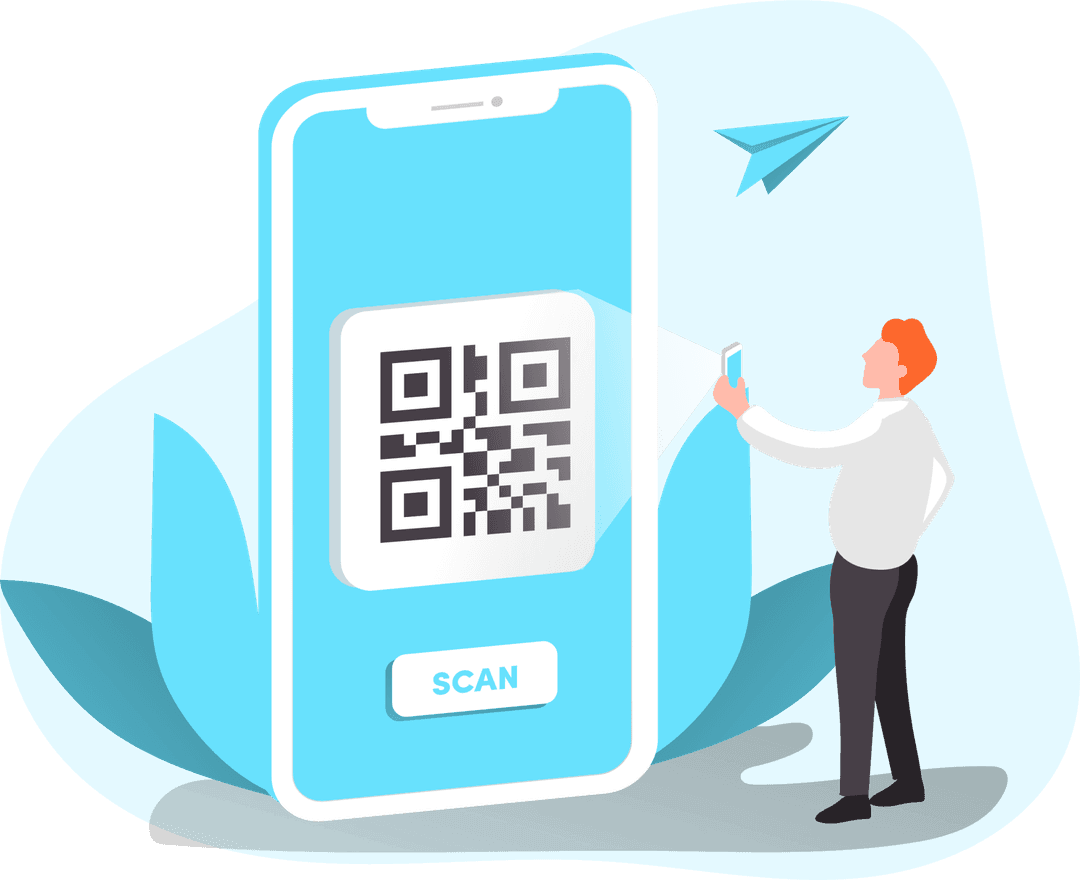 guy scanning qr code on giant phone